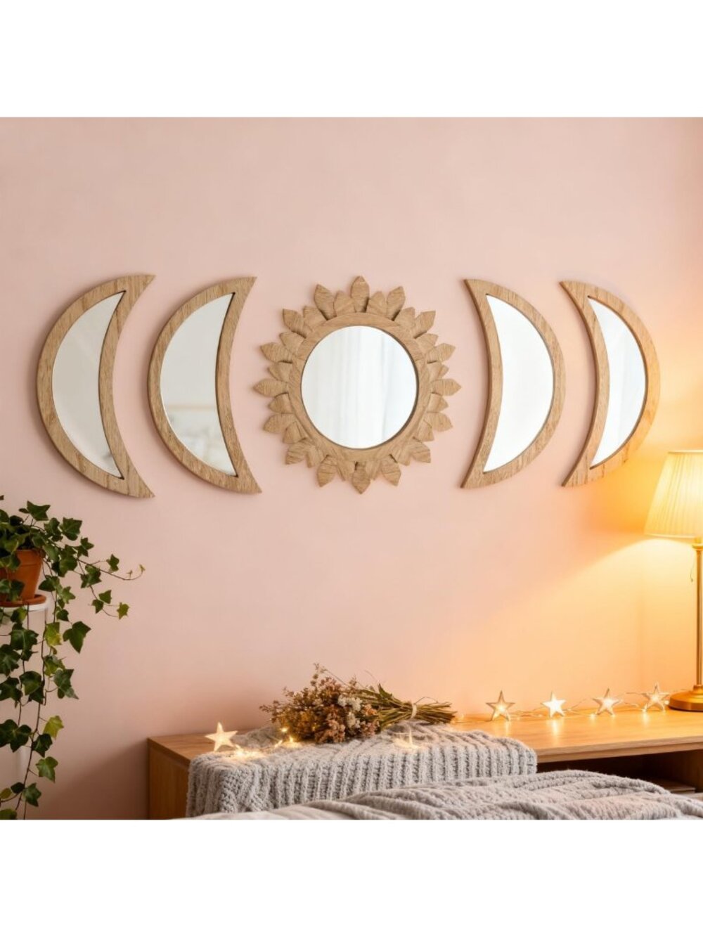 5-Piece Moon Phase Mirror Set | Bohemian Wall Decor for Living Room & Bedroom